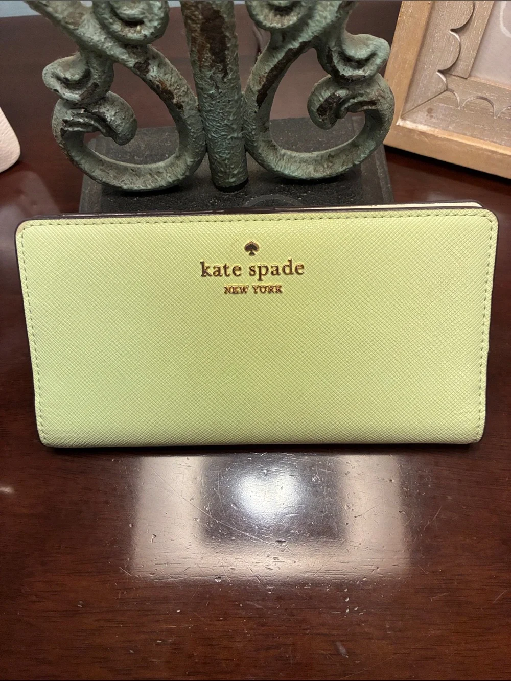 kate spade Lemon Green Saffiano Zip Wallet with Gold Logo